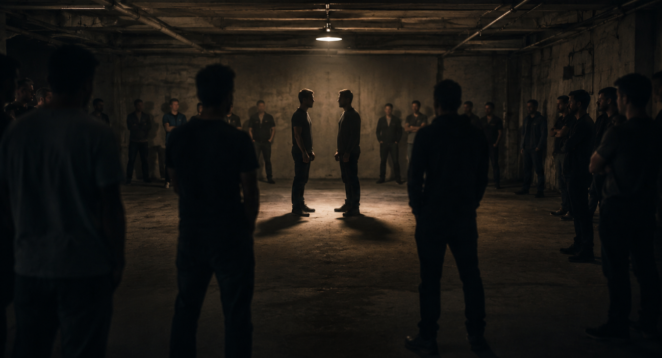 Two men stand beneath harsh basement lighting, surrounded by silent onlookers, creating a tense, cinematic atmosphere of vulnerability and connection.