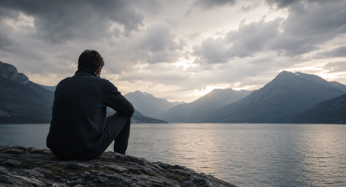 A solitary man sits beside a lake beneath dark mountains and clouds, conveying reflection, emotional weight, and quiet isolation.